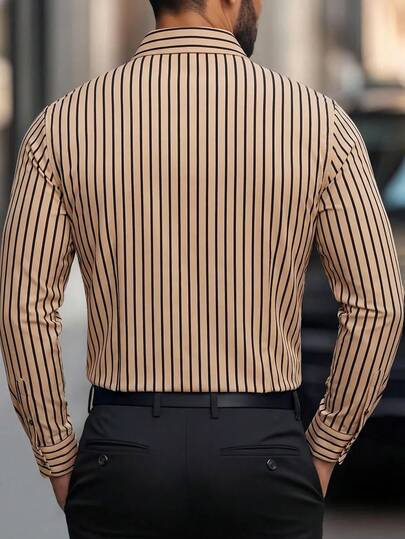 Manfinity Mode Chemise à manches longues rayée décontractée chic pour hommes, formelle, cérémonie