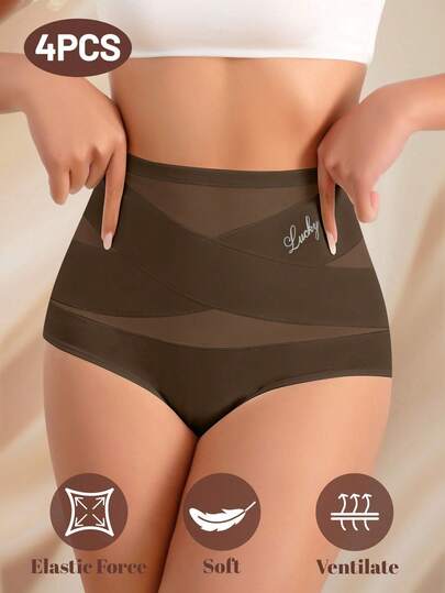 MEIYATING 4 pièces Culottes taille haute gainantes pour femmes, sous-vêtements triangle en soie glacée avec maille croisée, gainage du corps & levage des fesses