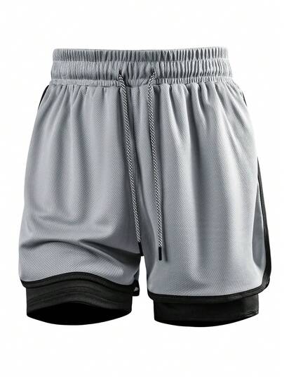 1 pièce Short de sport d'été 2-en-1 pour hommes, en tissu maille, short de course, convient pour la gym, la course en extérieur