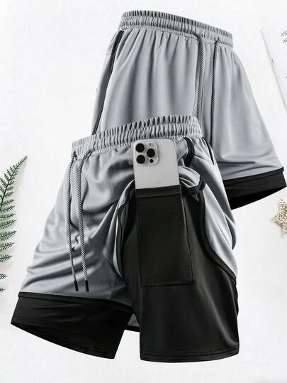 1 pièce Short de sport d'été 2-en-1 pour hommes, en tissu maille, short de course, convient pour la gym, la course en extérieur