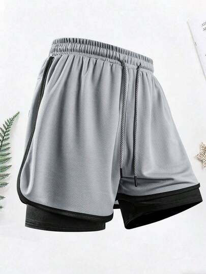 1 pièce Short de sport d'été 2-en-1 pour hommes, en tissu maille, short de course, convient pour la gym, la course en extérieur