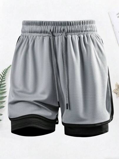 1 pièce Short de sport d'été 2-en-1 pour hommes, en tissu maille, short de course, convient pour la gym, la course en extérieur
