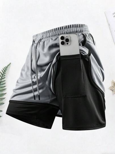 1 pièce Short de sport d'été 2-en-1 pour hommes, en tissu maille, short de course, convient pour la gym, la course en extérieur