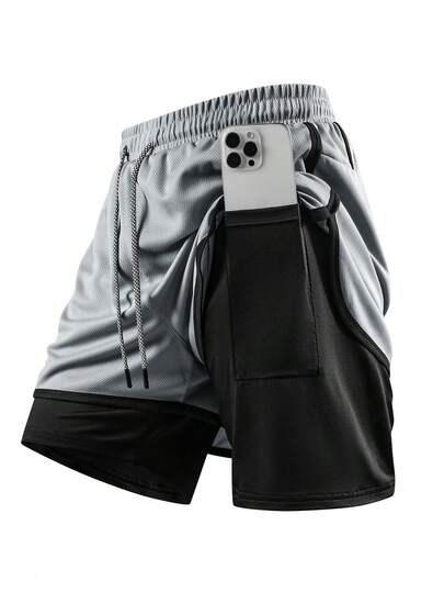 1 pièce Short de sport d'été 2-en-1 pour hommes, en tissu maille, short de course, convient pour la gym, la course en extérieur