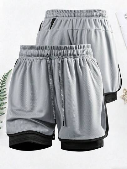 1 pièce Short de sport d'été 2-en-1 pour hommes, en tissu maille, short de course, convient pour la gym, la course en extérieur