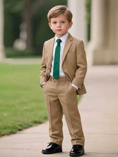 3 pièces Ensemble costume de gentleman kaki pour jeunes garçons : Blazer, Pantalon, Cravate. Pantalon formel convenant pour anniversaire, événement formel, représentation, mariage. Décontracté, confortable, polyvalent pour vacances, fête, plage d'été, pri