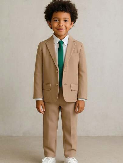 3 pièces Ensemble costume de gentleman kaki pour jeunes garçons : Blazer, Pantalon, Cravate. Pantalon formel convenant pour anniversaire, événement formel, représentation, mariage. Décontracté, confortable, polyvalent pour vacances, fête, plage d'été, pri
