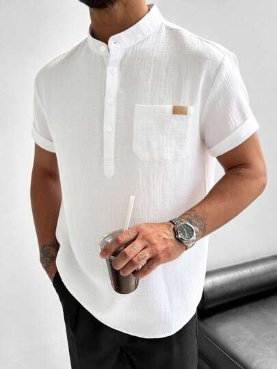 Chemise Henley à manches courtes pour hommes avec poche, étiquette , convient pour le port quotidien, les vacances d'été à la plage, chemises blanches et noires pour hommes, cadeau pour le mari/père