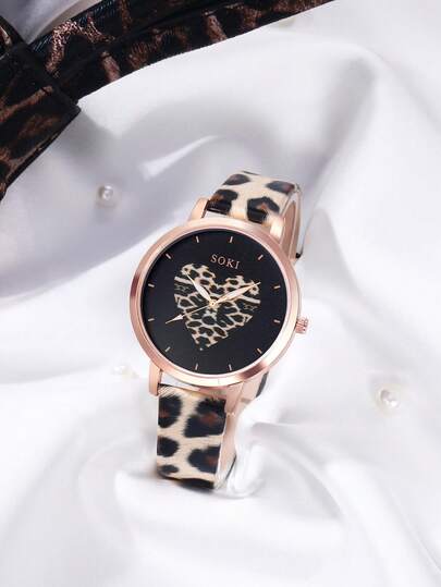 Montre-bracelet à quartz pour femme à la mode avec motif cœur imprimé léopard, cadran rond noir, boîtier or rose, bracelet en similicuir imprimé léopard, montre habillée décontractée pour femme, accessoire de rue quotidien, cadeau adapté à diverses occasi