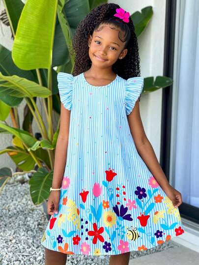 Sparklyn Robe à col rond avec volants à ourlet pour filles, motif floral tropical coloré, assortie à la mère