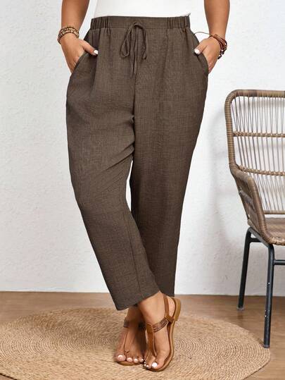 Frenchy Pantalon décontracté grande taille couleur unie avec taille élastique et poches diagonales, vacances à Hawaï, marron chocolat, été