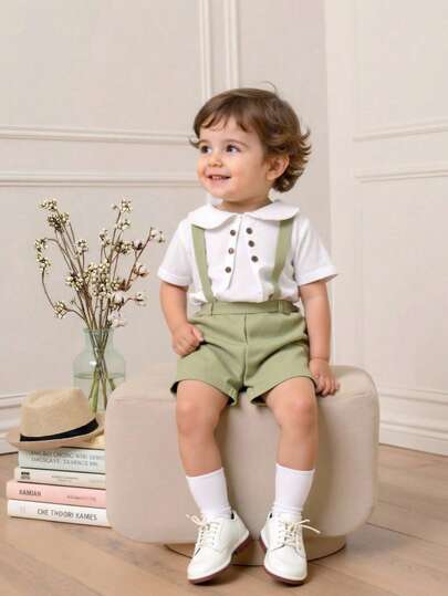 2 pièces Ensemble de chemise à col et short-culotte mignon pour jeunes garçons. Tenue de gentleman, convient pour anniversaire, soirée, représentation, mariage, printemps/été, usage quotidien, sport, extérieur, école, rassemblement, vacances, représentati