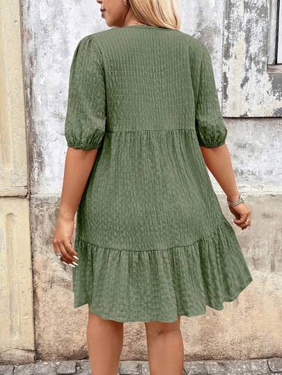 Breezaya Robe grande taille à col en V, manches lanternes, à franges et patchwork en dentelle