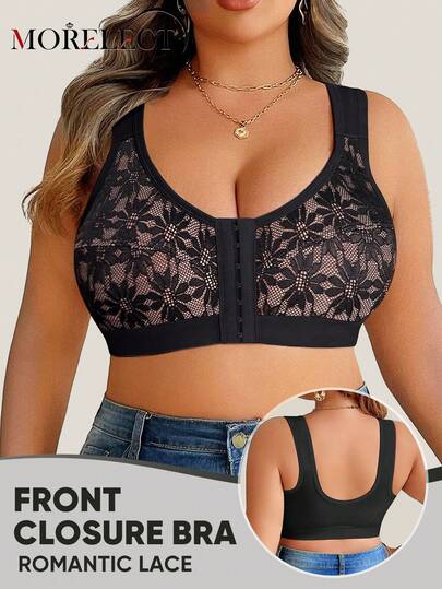 Morelect Soutien-gorge sans armature à fermeture frontale en dentelle pour femmes grandes tailles, soutenant et respirant