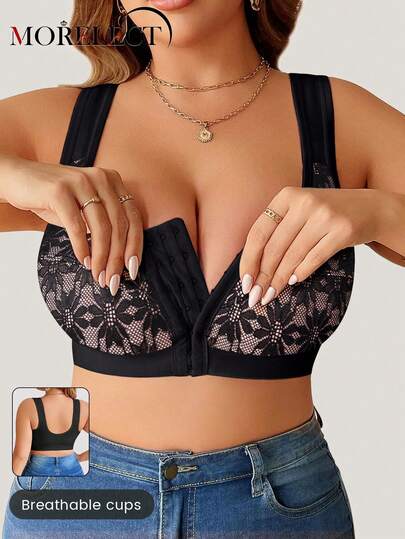 Morelect Soutien-gorge sans armature à fermeture frontale en dentelle pour femmes grandes tailles, soutenant et respirant