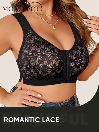 Morelect Soutien-gorge sans armature à fermeture frontale en dentelle pour femmes grandes tailles, soutenant et respirant