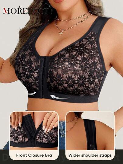 Morelect Soutien-gorge sans armature à fermeture frontale en dentelle pour femmes grandes tailles, soutenant et respirant