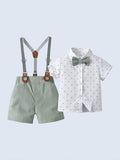 BOARNSEORL 2 pièces Ensemble costume de gentleman pour jeunes garçons, chemise à manches courtes avec col et nœud papillon, short avec bretelles, tenue de mode pour anniversaire, mariage, été