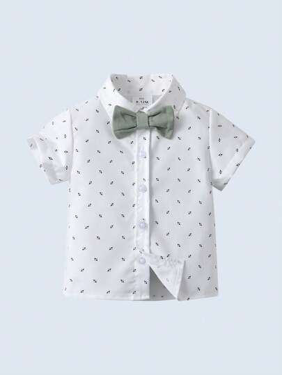 BOARNSEORL 2 pièces Ensemble costume de gentleman pour jeunes garçons, chemise à manches courtes avec col et nœud papillon, short avec bretelles, tenue de mode pour anniversaire, mariage, été