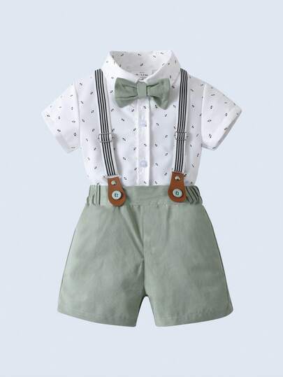BOARNSEORL 2 pièces Ensemble costume de gentleman pour jeunes garçons, chemise à manches courtes avec col et nœud papillon, short avec bretelles, tenue de mode pour anniversaire, mariage, été