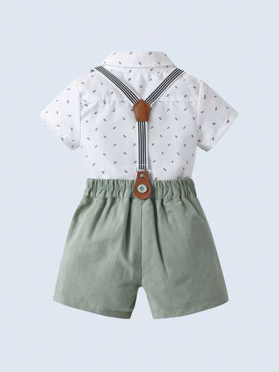 BOARNSEORL 2 pièces Ensemble costume de gentleman pour jeunes garçons, chemise à manches courtes avec col et nœud papillon, short avec bretelles, tenue de mode pour anniversaire, mariage, été