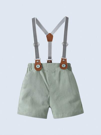 BOARNSEORL 2 pièces Ensemble costume de gentleman pour jeunes garçons, chemise à manches courtes avec col et nœud papillon, short avec bretelles, tenue de mode pour anniversaire, mariage, été