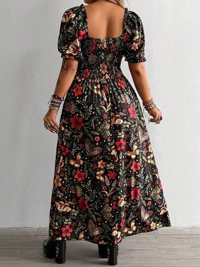 Whyspr Robe trapèze bohème grande taille pour femme, imprimé floral noir, épaules dénudées, manches courtes bouffantes, ourlet long évasé, froncée, style vintage, tissu tissé