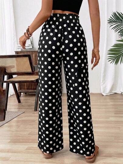 Pariaura Pantalon ample à jambes larges avec taille nouée et imprimé à pois, style décontracté pour les vacances pour femmes