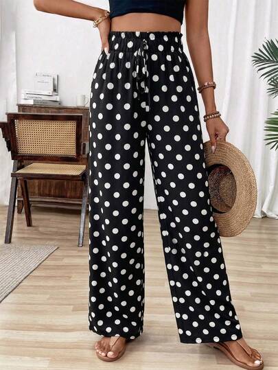 Pariaura Pantalon ample à jambes larges avec taille nouée et imprimé à pois, style décontracté pour les vacances pour femmes