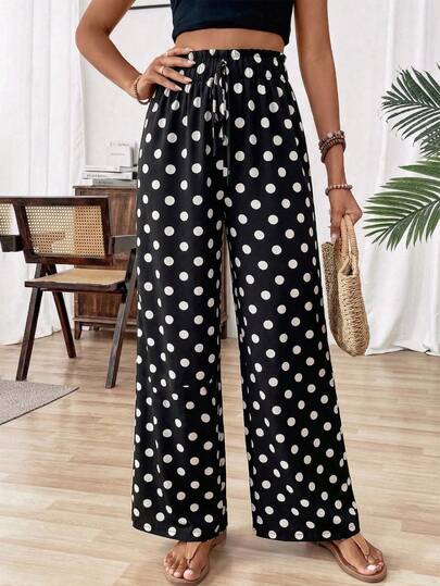 Pariaura Pantalon ample à jambes larges avec taille nouée et imprimé à pois, style décontracté pour les vacances pour femmes