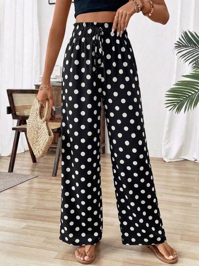 Pariaura Pantalon ample à jambes larges avec taille nouée et imprimé à pois, style décontracté pour les vacances pour femmes