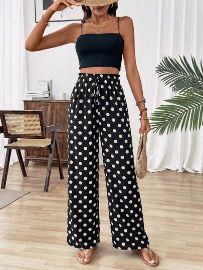 Pariaura Pantalon ample à jambes larges avec taille nouée et imprimé à pois, style décontracté pour les vacances pour femmes