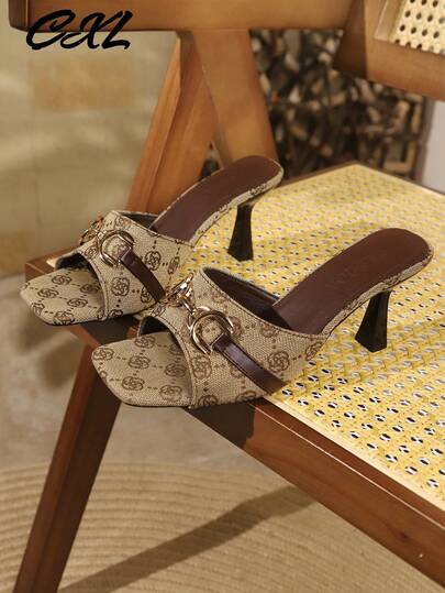 Sandales mules à talons stilettos pour femmes avec décoration boucle métallique et bout carré, élégantes pour les soirées, les boîtes de nuit et le port formel quotidien