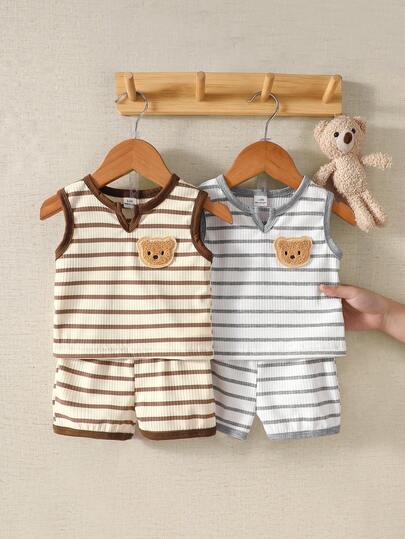 4 pièces Ensemble Top sans manches et short bébé unisexe avec ours brodé, tenue polyvalente et mignonne pour fête et célébration, convient pour 0-1 an, nouvelle arrivée printemps/été
