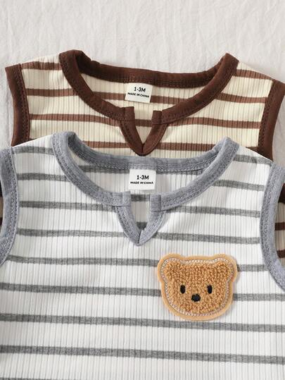 4 pièces Ensemble Top sans manches et short bébé unisexe avec ours brodé, tenue polyvalente et mignonne pour fête et célébration, convient pour 0-1 an, nouvelle arrivée printemps/été