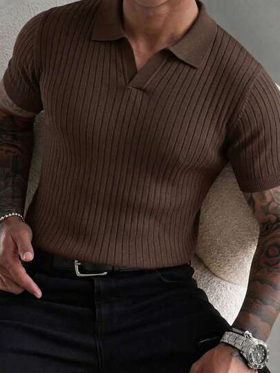 Chemise polo à manches courtes en tricot côtelé classique pour hommes, couleur unie, convient pour les sorties d'été, essentiel de mode