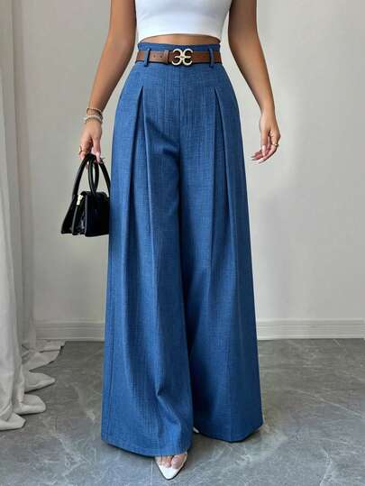 Elenzya Pantalon de costume rayé bleu poussiéreux pour femmes, taille haute, élégant, en denim, pour l'été, le bureau, le brunch, le travail, décontracté, plissé, taille élastique, jambes larges