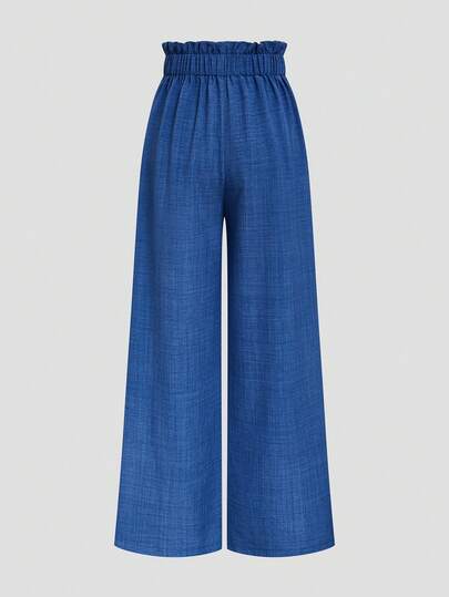 Elenzya Pantalon de costume rayé bleu poussiéreux pour femmes, taille haute, élégant, en denim, pour l'été, le bureau, le brunch, le travail, décontracté, plissé, taille élastique, jambes larges