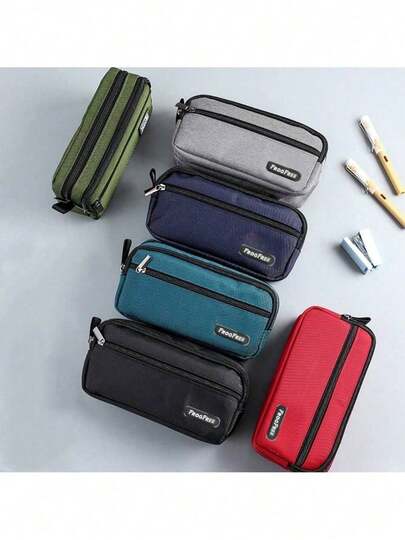 Sac à crayons en canevas simple à trois couches, grande capacité, niveau d'apparence élevé, étui à stylos pour garçons. Sac de rangement pour fournitures scolaires et de bureau. Résistant à l'usure, imperméable, portable. Fournitures scolaires, rentrée de