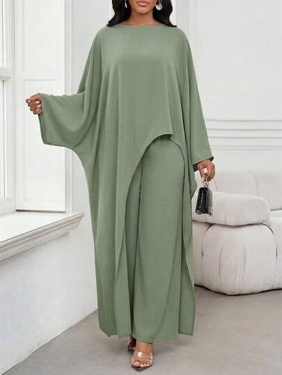 Ensemble 2 pièces décontracté pour femmes, composé d'une chemise à ourlet asymétrique de couleur unie et d'un pantalon large