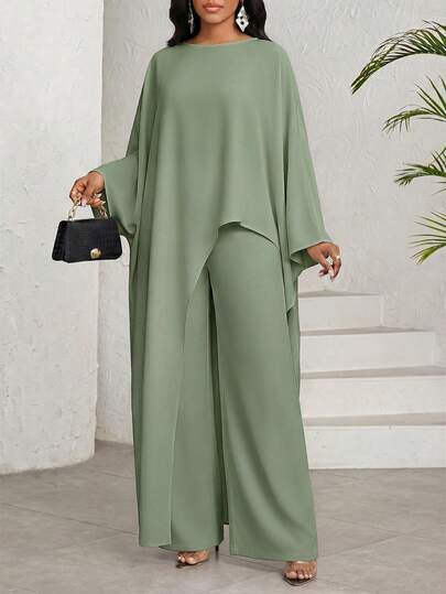 Ensemble 2 pièces décontracté pour femmes, composé d'une chemise à ourlet asymétrique de couleur unie et d'un pantalon large