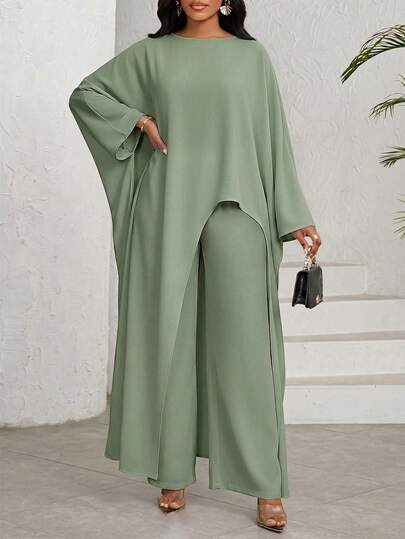 Ensemble 2 pièces décontracté pour femmes, composé d'une chemise à ourlet asymétrique de couleur unie et d'un pantalon large