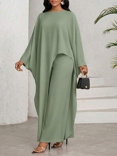 Ensemble 2 pièces décontracté pour femmes, composé d'une chemise à ourlet asymétrique de couleur unie et d'un pantalon large