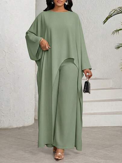 Ensemble 2 pièces décontracté pour femmes, composé d'une chemise à ourlet asymétrique de couleur unie et d'un pantalon large