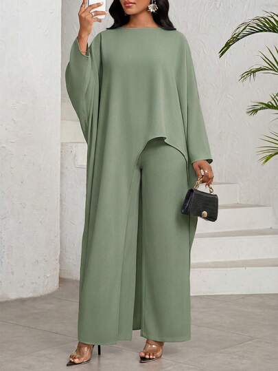 Ensemble 2 pièces décontracté pour femmes, composé d'une chemise à ourlet asymétrique de couleur unie et d'un pantalon large