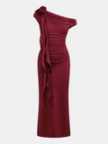 Robe moulante élégante pour jeune fille, couleur bordeaux unie, décoration florale 3D, épaule asymétrique, plissée, longue, pour dîner et soirée d'été, marron