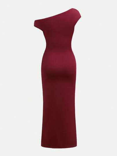 Robe moulante élégante pour jeune fille, couleur bordeaux unie, décoration florale 3D, épaule asymétrique, plissée, longue, pour dîner et soirée d'été, marron