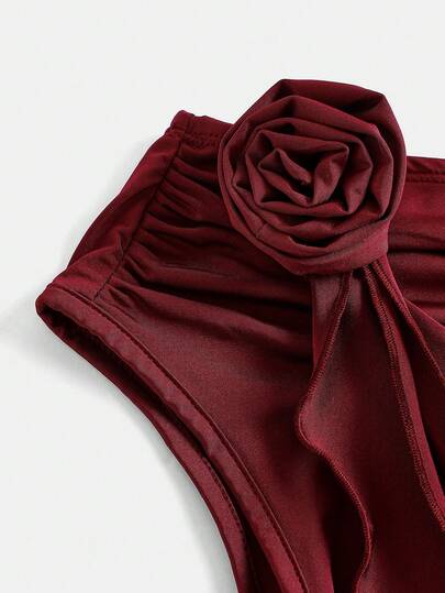Robe moulante élégante pour jeune fille, couleur bordeaux unie, décoration florale 3D, épaule asymétrique, plissée, longue, pour dîner et soirée d'été, marron