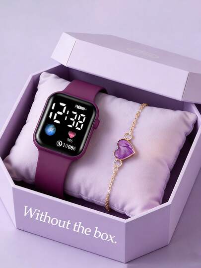 2 pièces/Set, Nouvelle montre électronique à affichage numérique carré pour femmes avec ensemble de bracelet en forme de cœur, idéal pour les femmes à porter, meilleur cadeau de la fête des mères pour maman