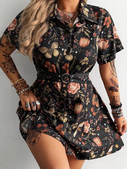 Whyspr Robe à manches courtes à col chemise, imprimé texturé, style vintage décontracté académique, mode punk sombre, coupe évasée, convient pour le port quotidien, le bureau, Thanksgiving, le Nouvel An, les vacances, les anniversaires, les festivals de m